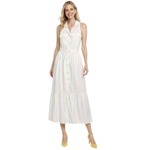 Style House Women White Sleeveless Maxi Dress with Yellow Button Detail Sz Small